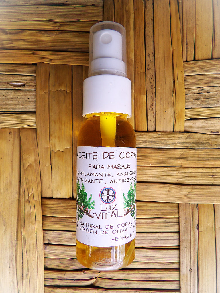 Organic artisanal natural massage oil with Copal. Desinflamante, alivia dolores musculares y articulares.