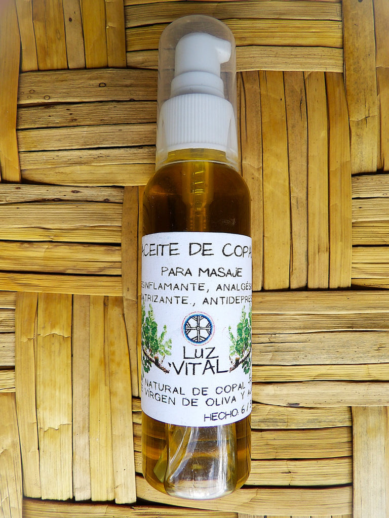 Organic artisanal natural massage oil with Copal. Desinflamante, alivia dolores musculares y articulares.