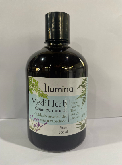 All natural medicated herbal shampoo bottle, Medi-Herb. Soothing relief for dandruff and itching.