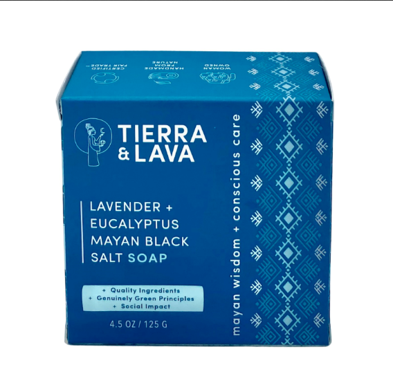 All natural, plant and mineral based formula bar soap with black salt, lavender, and eucalyptus. Sustainable wellness.