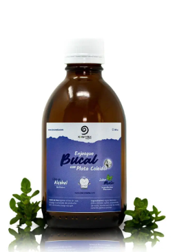 Bottle of anti-microbial mouthwash with colloidal silver and xylitol. Inhibits bacteria, viruses, and fungi for oral wellness.