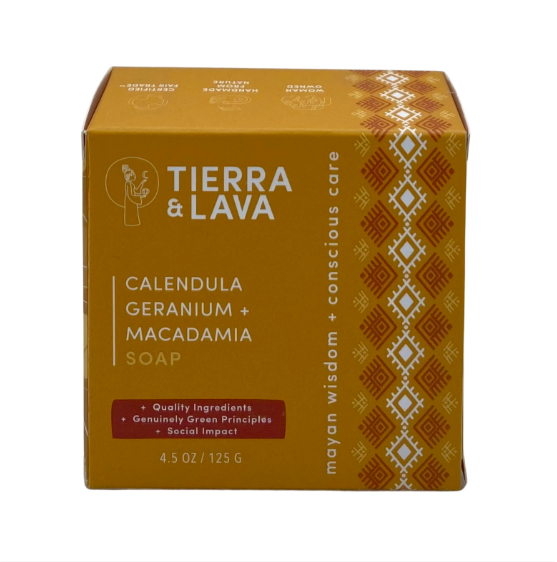 Calendula, Geranium, Macadamia soap. Soothing for sensitive to normal skin. Sustainable and regenerative wellness product.