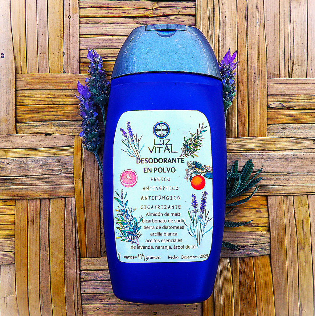 Organic artisanal natural polvo desodorante. Antifúngico, antiséptico, absorbente. Clean ingredients.