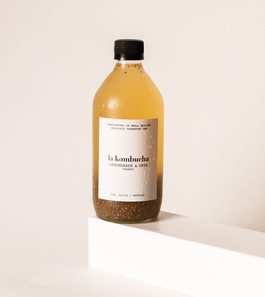 Organic sustainable kombucha with lemongrass and chia. Regenerative, probiotic, supports detox and immune wellness.