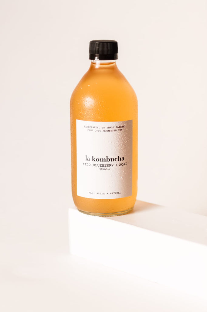 Organic sustainable blueberry acai kombucha. Regenerative, probiotic, supports detox and immune wellness.