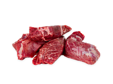 Raw, pastured grass-fed beef cut into cubes for stewing or dicing. Sustainable and regenerative meat.