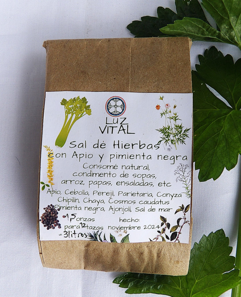 Organic artisanal natural soup & condiment mix. Tónico, digestivo, regula hacia arriba la presión arterial.