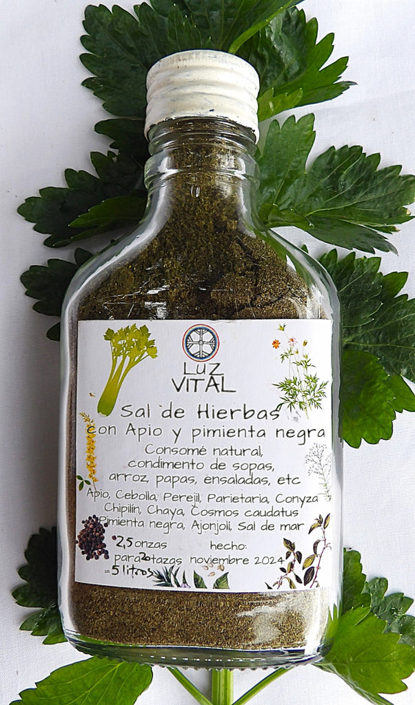 Organic artisanal natural soup & condiment mix. Tónico, digestivo, regula hacia arriba la presión arterial.
