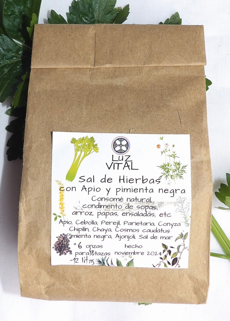 Organic artisanal natural soup & condiment mix. Tónico, digestivo, regula hacia arriba la presión arterial.