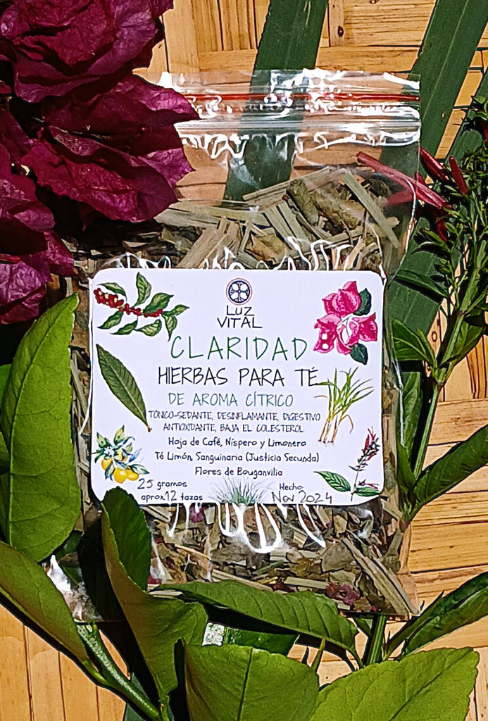 Bolsa de Té de hierbas orgánico Claridad. Estimulante cerebral, antioxidante, digestivo, regula el colesterol.