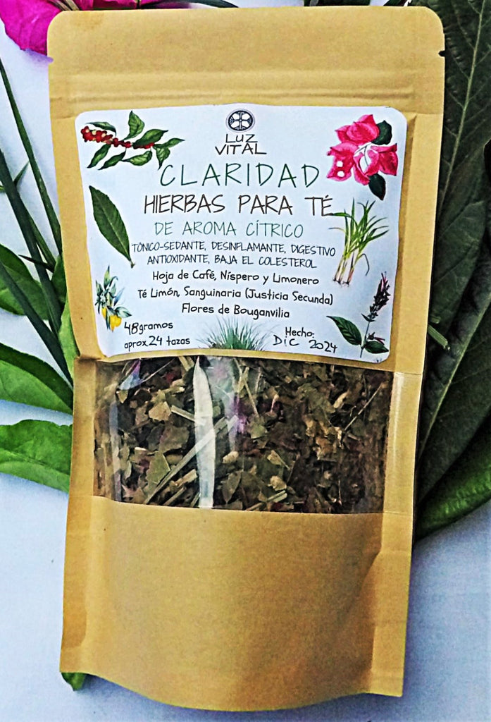 Bolsa de Té de hierbas orgánico Claridad. Estimulante cerebral, antioxidante, digestivo, regula el colesterol.