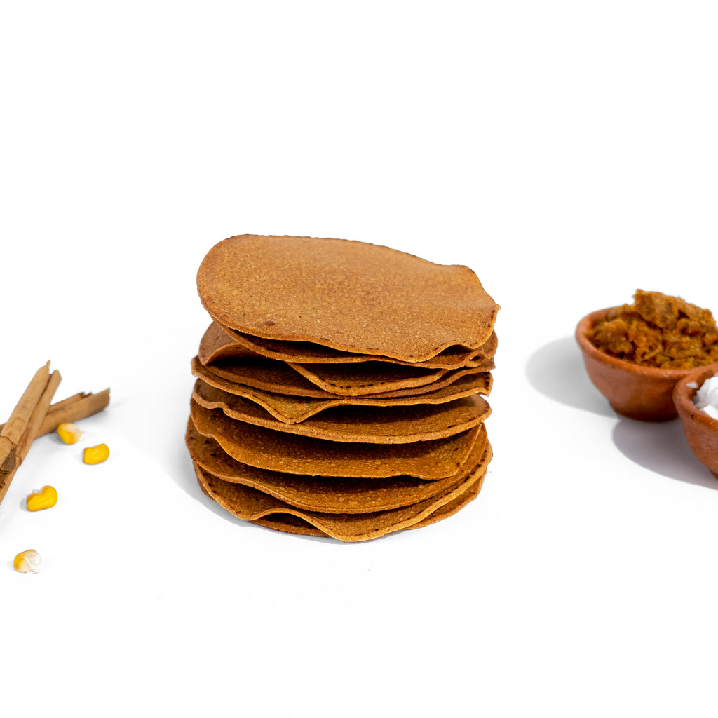 Organic artisanal hand made tostada dulce. Maíz, coconut, cinnamon, and panela. Vegan and gluten free.
