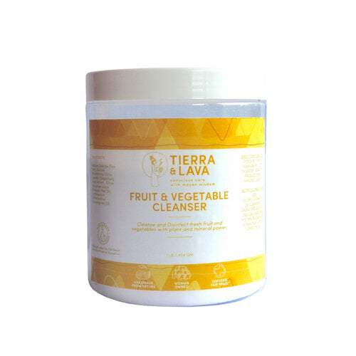 Bottle of all natural, plant and mineral based formula fruit and vegetable disinfectant. Sustainable kitchen wellness.