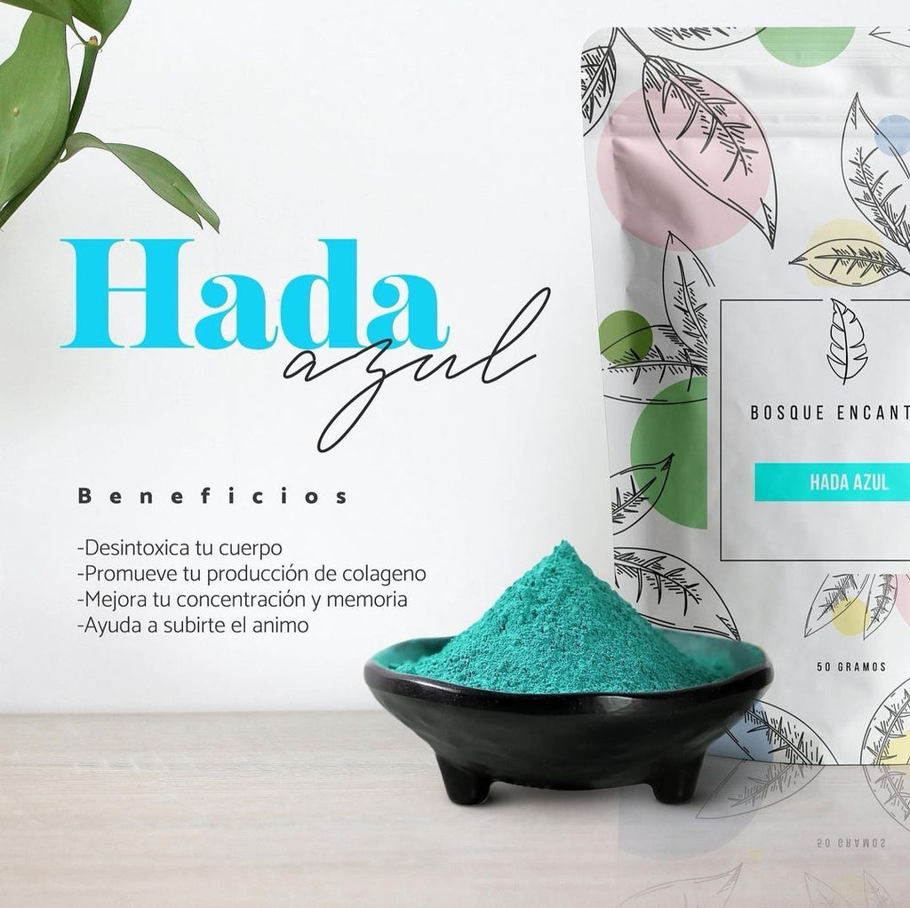 Hada Azul herbal tea by Bosque Encantado. Sustainable and regenerative wellness drink.
