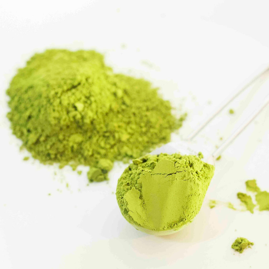 Bright green matcha tea powder. Sustainable and regenerative sourcing for an antioxidant drink.