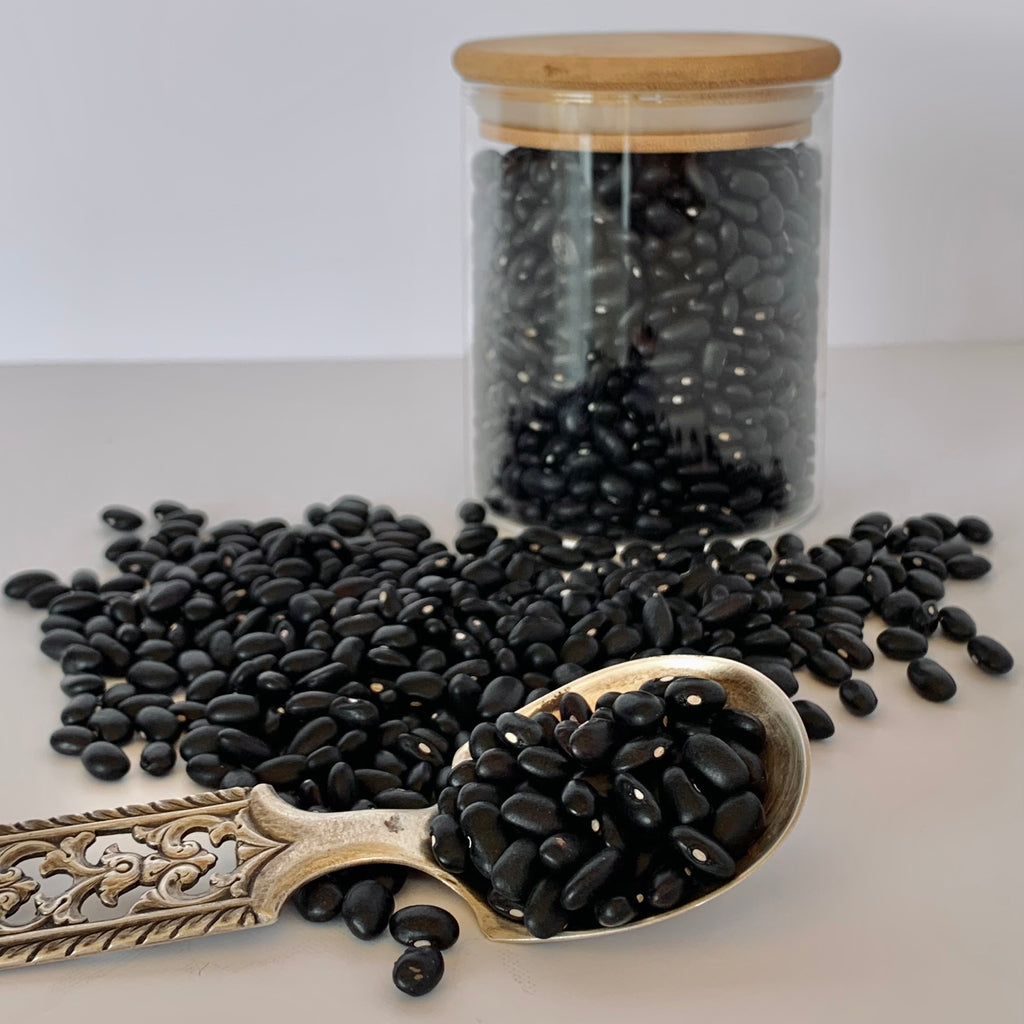 Dried organic black beans (frijol negro). Regenerative and sustainable cultivation for heart health.