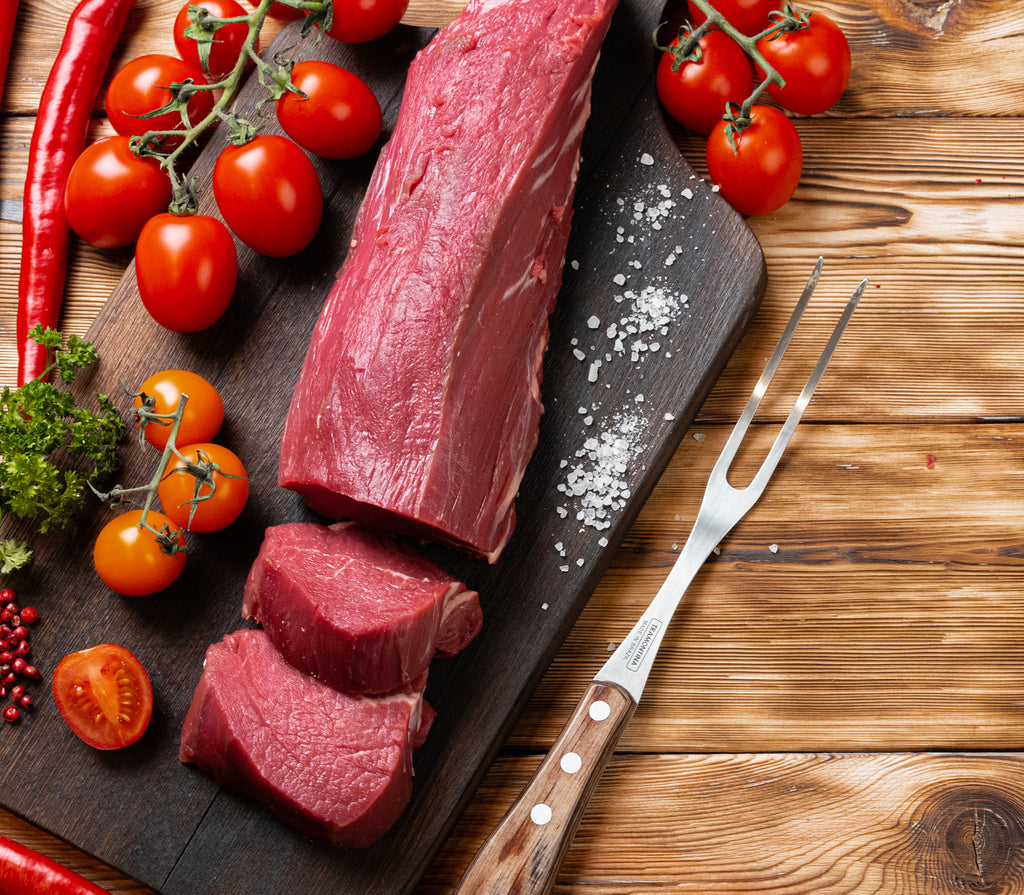 Raw, whole grass-fed beef tenderloin (Lomito de Res). Sustainable and regenerative sourcing for nutrient dense meals.