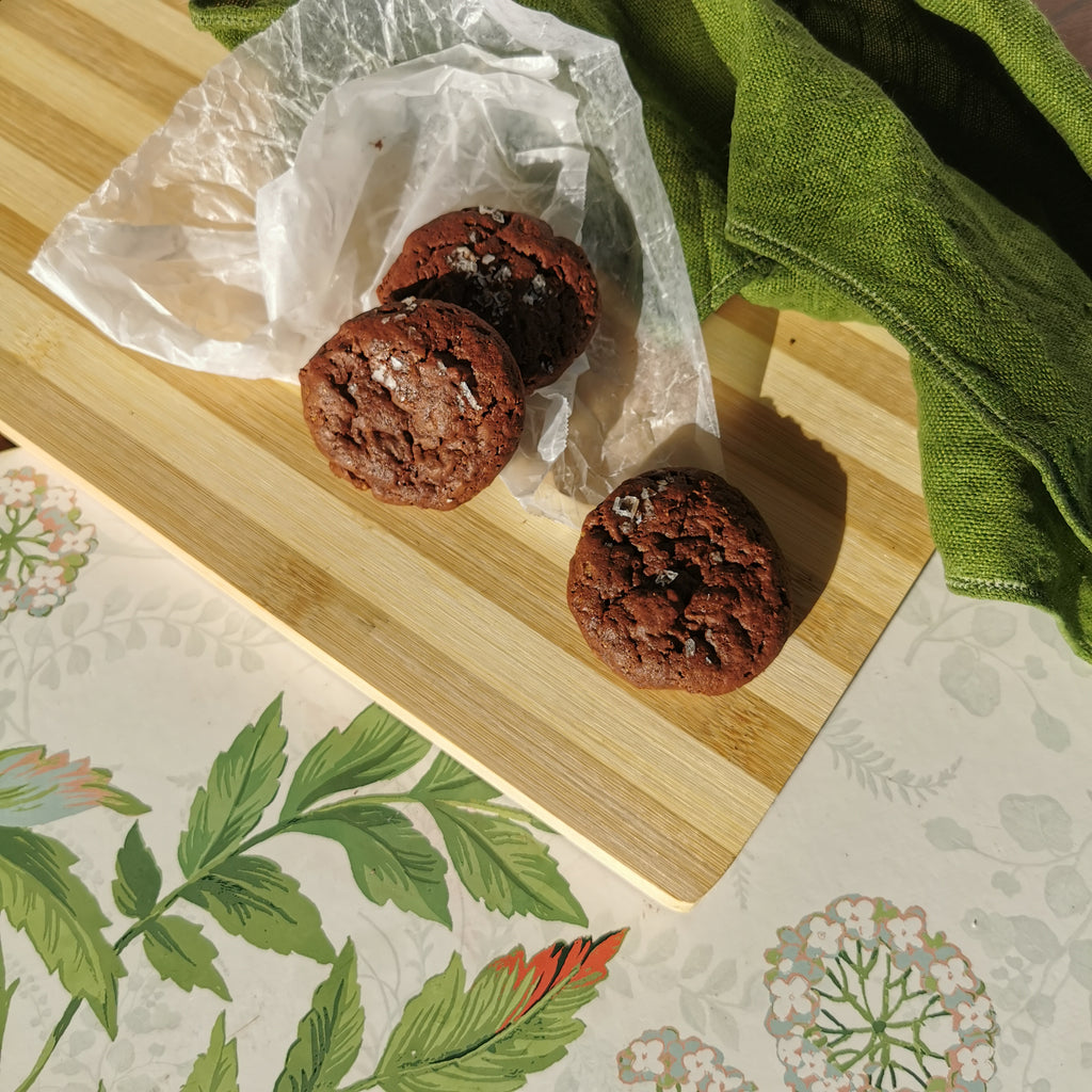 Artisanal small batch dark chocolate cookies with sea salt. Gourmet wholesome snack baked to perfection.