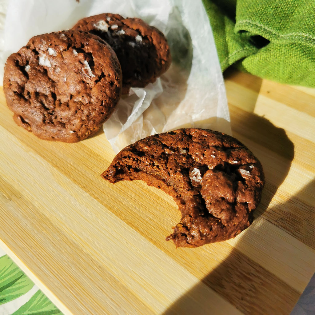 Artisanal small batch dark chocolate cookies with sea salt. Gourmet wholesome snack baked to perfection.